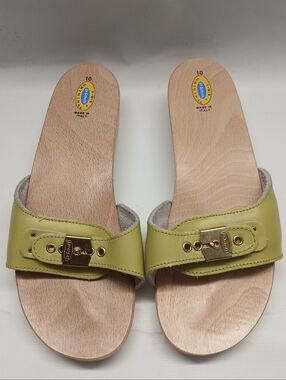 Dr. Scholl's Lime Green Leather Slide Clogs with Gold Buckle